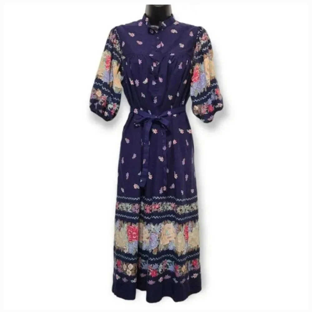 Robbie Bee Blue Floral Belted Puff Sleeve Cottagecore Dress Small - Picture 2 of 6